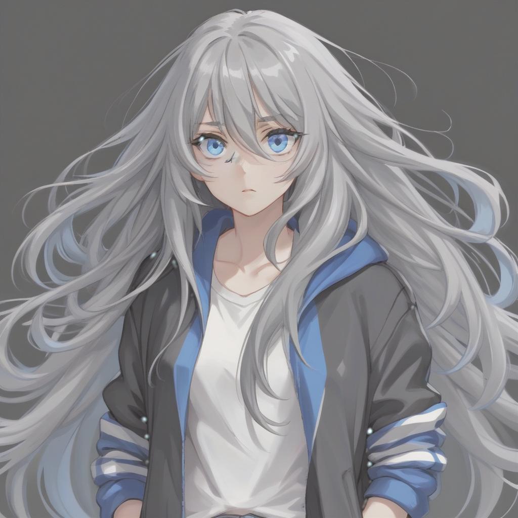  a girl with blue eyes and very long gray hair. her bangs are stacked on both sides, except for the long part in the middle. in everyday clothes she wears an oversize jacket, blue, in a white strip, the jacket is partially unbuttoned. under her she puts on a black shirt and short blue shorts. the expressions of the girl’s face are insignificant, but noticeable. her face is calm with almost no emotions.