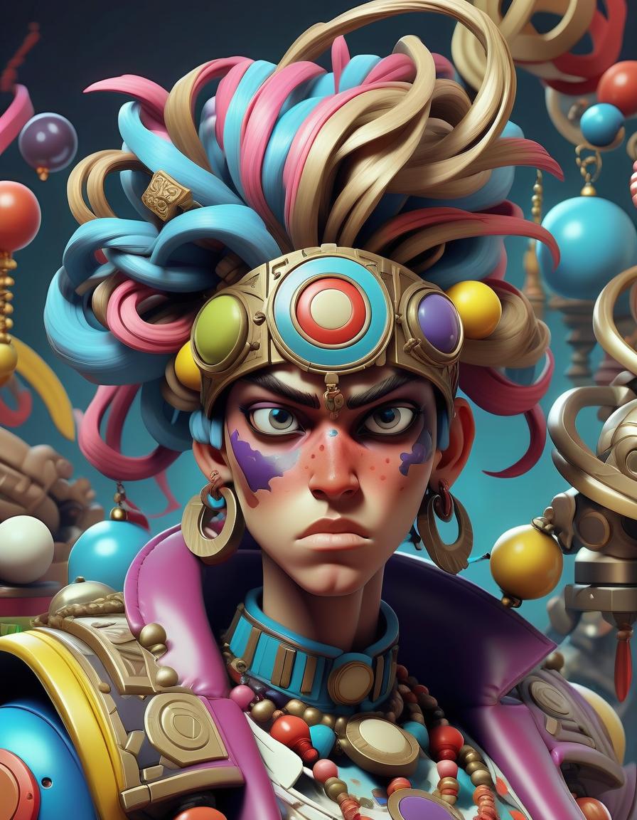  fighting game style maximalist portrait: a person’s face, framed by many decorative elements – bright accessories, complex hairstyles, bizarre ornaments, each layer interacts with the other. . . dynamic, vibrant, action packed, detailed character design, reminiscent of fighting video games