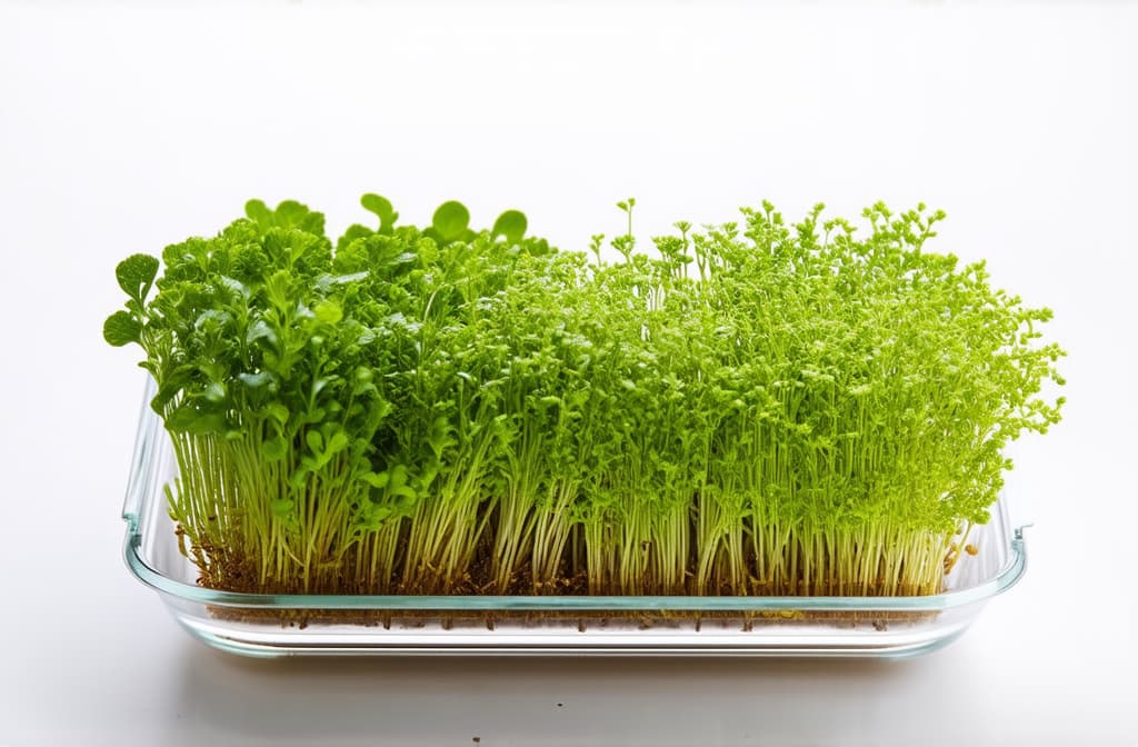  professional detailed photography, microgreens in a transparent container, white background, studio light ar 3:2, (muted colors, dim colors, soothing tones), (vsco:0.3)