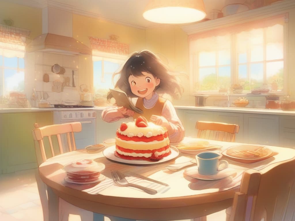  kitchen, table, shortcake, girl, 1 person, eat, insert light