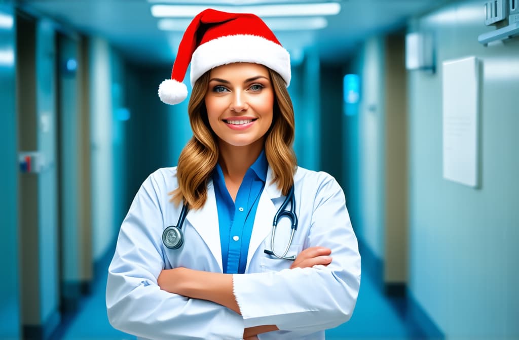  female doctor in santa hat in hospital corridor, space for text on right ar 3:2, (natural skin texture), highly detailed face, depth of field, hyperrealism, soft light, muted colors