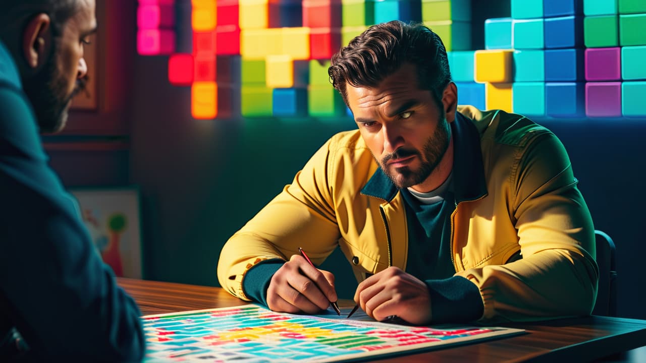  a close up of a person deep in thought, surrounded by colorful crossword puzzles and brain themed visuals, with vibrant light illuminating the scene, showcasing concentration and cognitive engagement in a cozy, inviting environment. hyperrealistic, full body, detailed clothing, highly detailed, cinematic lighting, stunningly beautiful, intricate, sharp focus, f/1. 8, 85mm, (centered image composition), (professionally color graded), ((bright soft diffused light)), volumetric fog, trending on instagram, trending on tumblr, HDR 4K, 8K