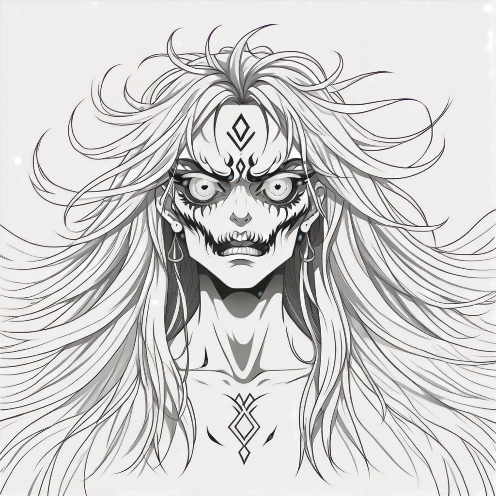  line art drawing one eye monster long hair, slavic mythology, same nightmare. anime style . professional, sleek, modern, minimalist, graphic, line art, vector graphics