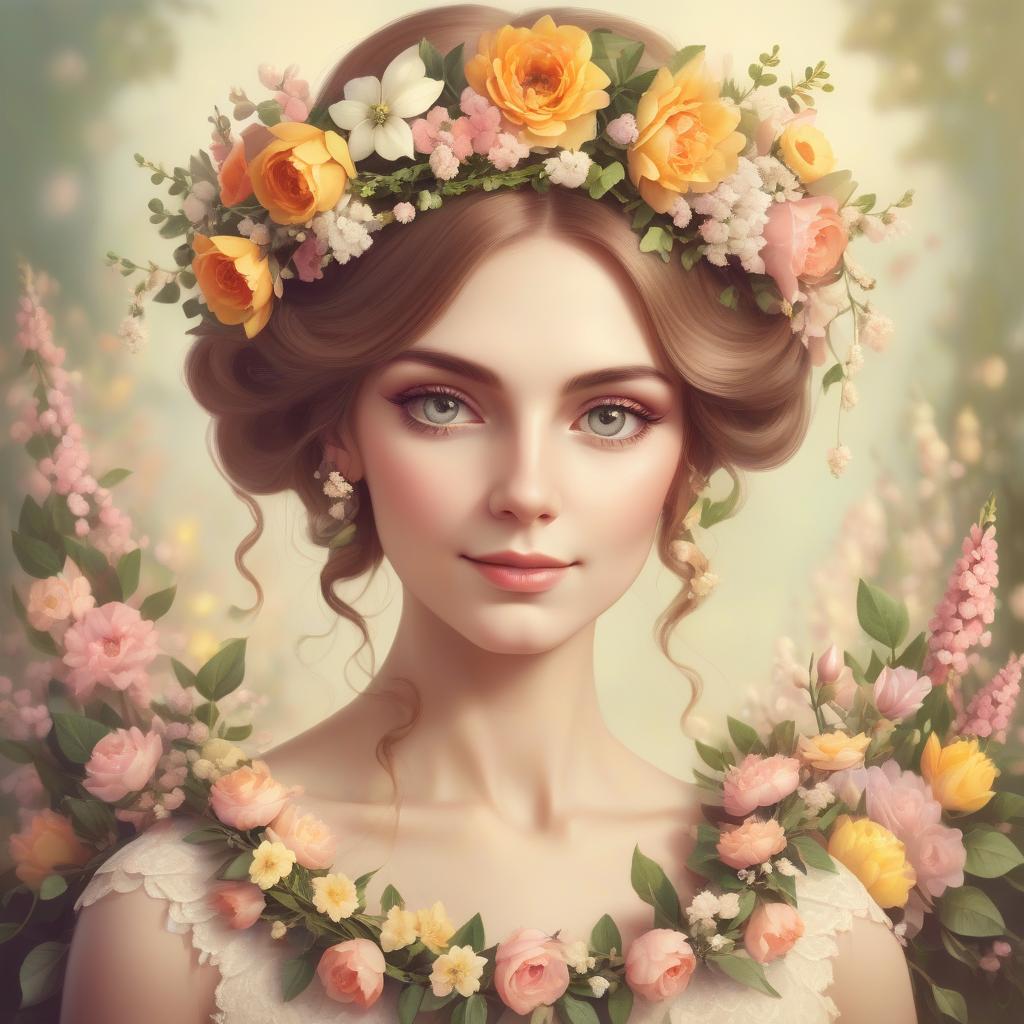  vintage spring queen portrait with flowers and flowers garland in the hair, warm atmosphere