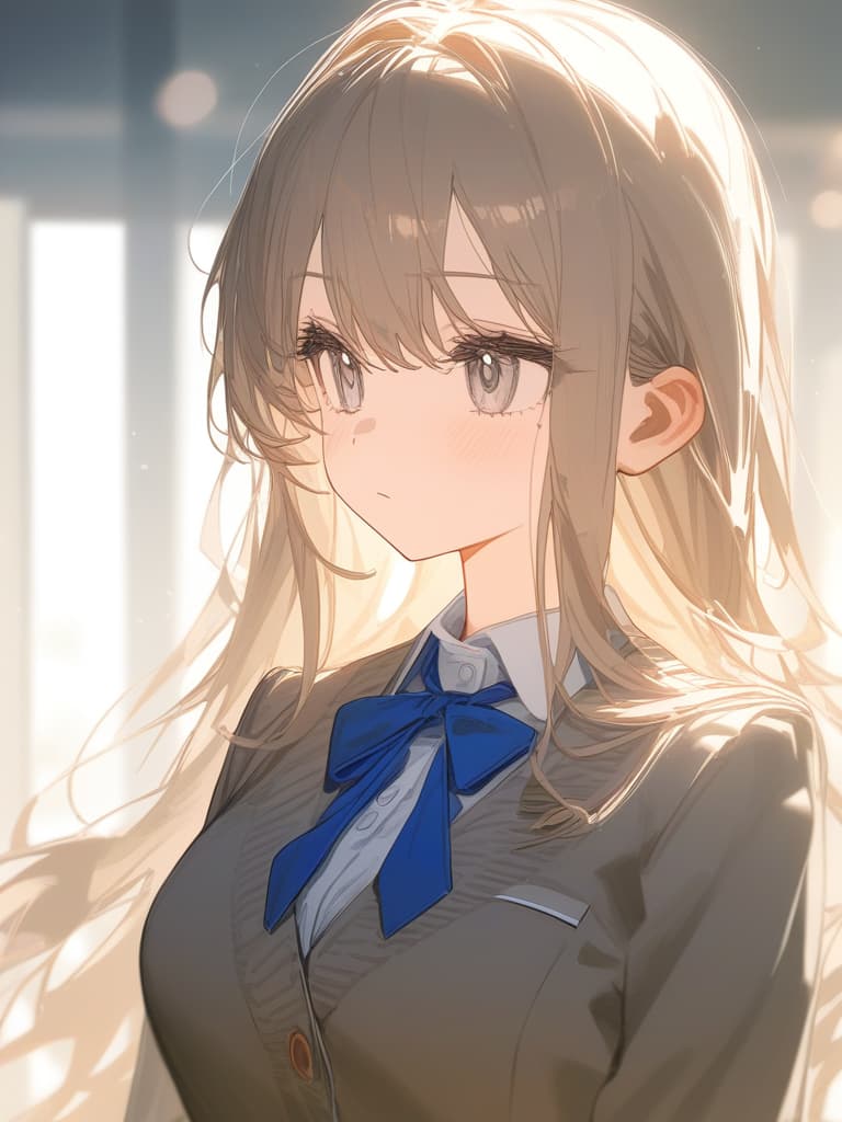  light brown hair girl, expressionless, semi long, sweater cardigan, uniform, anime style, white eyes, white shirt and blue ribbon uniform, masterpiece, best quality,8k,ultra detailed,high resolution,an extremely delicate and beautiful,hyper detail