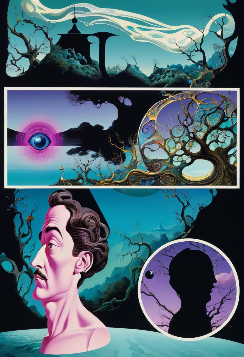  salvador dali inspired psychedelic poster depicting, head, face, eyes open, lens in one eye, back of head turns into branches, psychedelic elements integrating tree of life into surreal, abstract painting, twisted shapes, melting clock, fantasy landscape, vibrant hues, golden ratio composition, ultra fine details, digital painting.