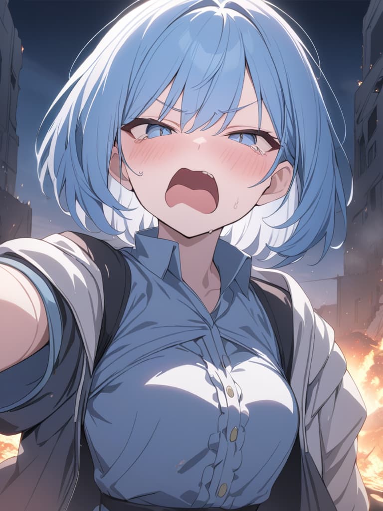  light blue hair, light blue, bob hair, darkness, hatred, angry crying, night, ending world, shouting, devil summoning, all are destroyed!, masterpiece, best quality,8k,ultra detailed,high resolution,an extremely delicate and beautiful,hyper detail