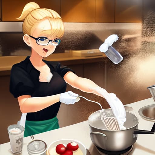  A cooking teacher with blonde hair and glasses going crazy whipping cream in a food laboratory, cream is flying around