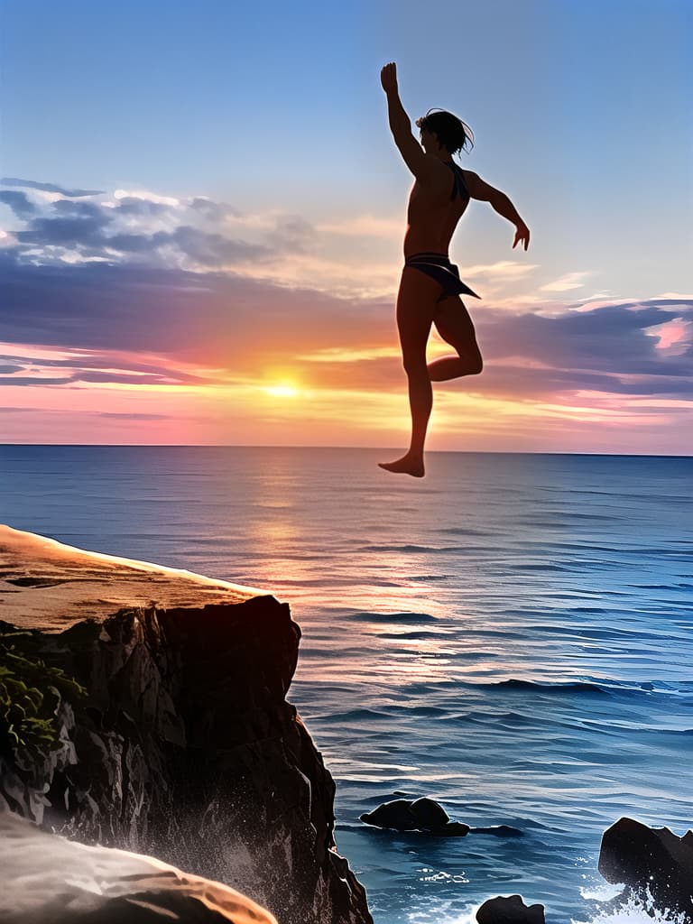  Close up of the silhouette of a man doing Thai Chi on a cliff overlooking the ocean with a sunrise in the background. RAW, realistic