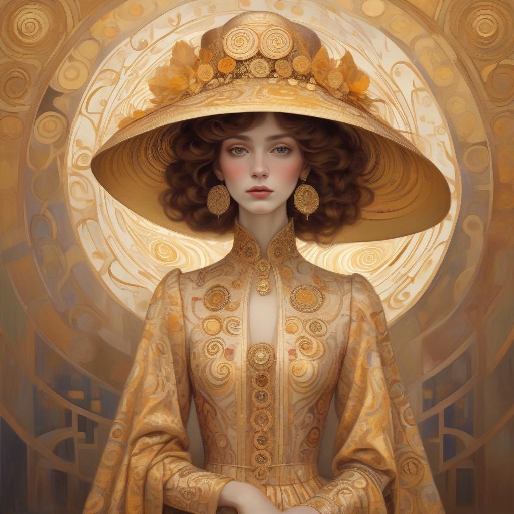  a woman with large, ornate hat and detailed garment in a style reminiscent of gustav klimt's artwork, featuring golden swirls and patterns. woman with a big elegant hat and modest dress with different colours style klimt. warm colours.