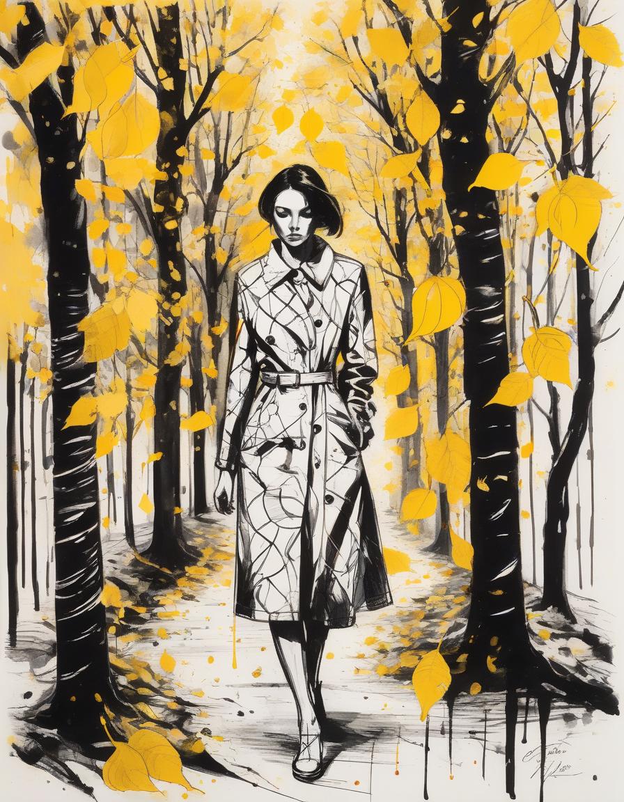  (striking black and white sketch:1.2) in (trash polka style:1.3), depicting a (fibonacci sequence:1.2) from which an (abstract figure:1.3) gradually emerges, walking along a (picturesque autumn alley:1.2). the alley is framed by (trees with bright yellow leaves:1.3) that flutter gently down, capturing the essence of an (autumn day:1.2). use (splashes of ink:1.2) on (rice parchment:1.3) to enhance the texture and depth of the image. the figure features (flowing lines:1.1) that follow the (curved fibonacci shapes:1.3), with details of (falling yellow leaves:1.2), contrasting (black shadows:1.1), and (dynamic inks:1.2) creating a sense of (movement and life:1.3). incorporate elements that highlight the (harmony of nature:1.2) and (mathematical