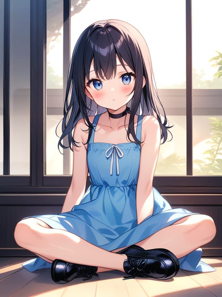  an anime posing for a picture in blue dress and shoes under window,1,solo,black footwear,sitting,blue dress,s,blue eyes,long hair,dress,looking at viewer,indian style,sleeveless,age,black hair,socks,bare arms,shoes,choker,sleeveless dress,bare shoulders,collarbone,blush,bangs,black choker,cute