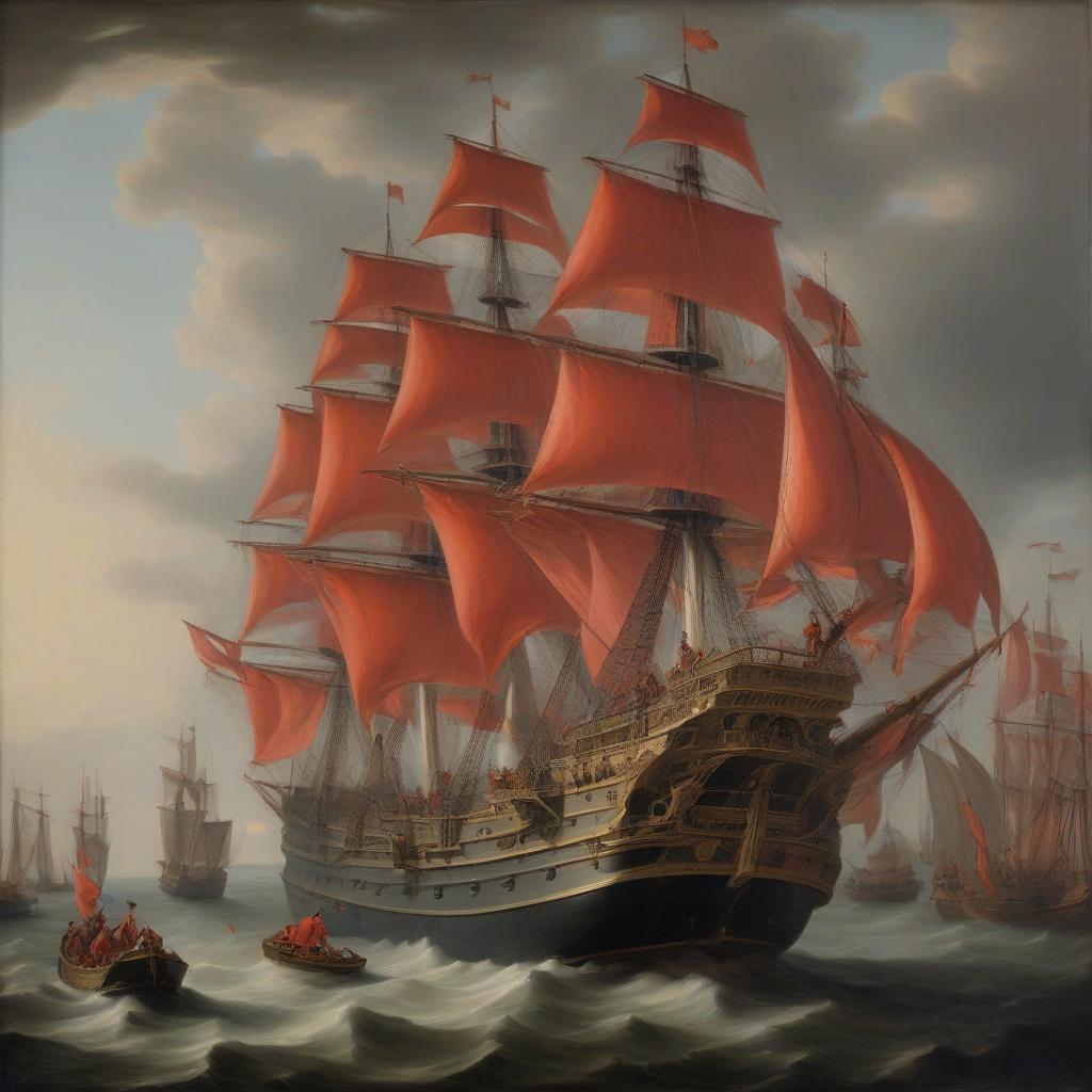  brigantine with scarlet sails, on the bridge captain gray, early rococo , oil on canvas, high image quality