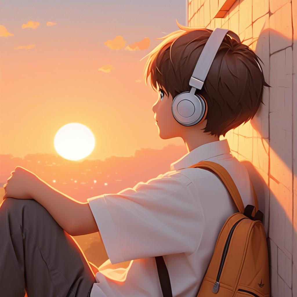  the boy looks at the sunset, sits on the floor like in the picture, with his school bag on his back, sits against the wall, and the boy's shoulder is covered in a cute little cat