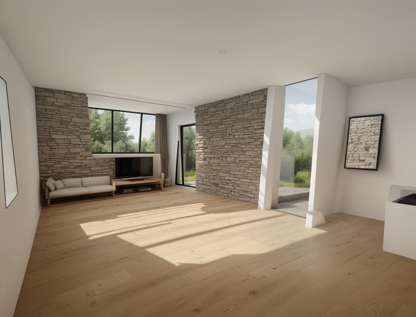  produce a photorealistic rendering of a modern interior with a stone wall as a focal point, complemented by wooden flooring and large windows. add a sleek, modern sofa and minimalist furniture that reflects a contemporary style, creating a space that feels both rustic and sophisticated.