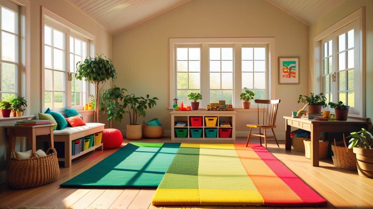  a cozy playroom filled with natural wooden toys, potted plants, soft organic cotton rugs, and sunlight streaming through large windows, creating a warm, inviting, and eco friendly atmosphere for children to explore. hyperrealistic, full body, detailed clothing, highly detailed, cinematic lighting, stunningly beautiful, intricate, sharp focus, f/1. 8, 85mm, (centered image composition), (professionally color graded), ((bright soft diffused light)), volumetric fog, trending on instagram, trending on tumblr, HDR 4K, 8K