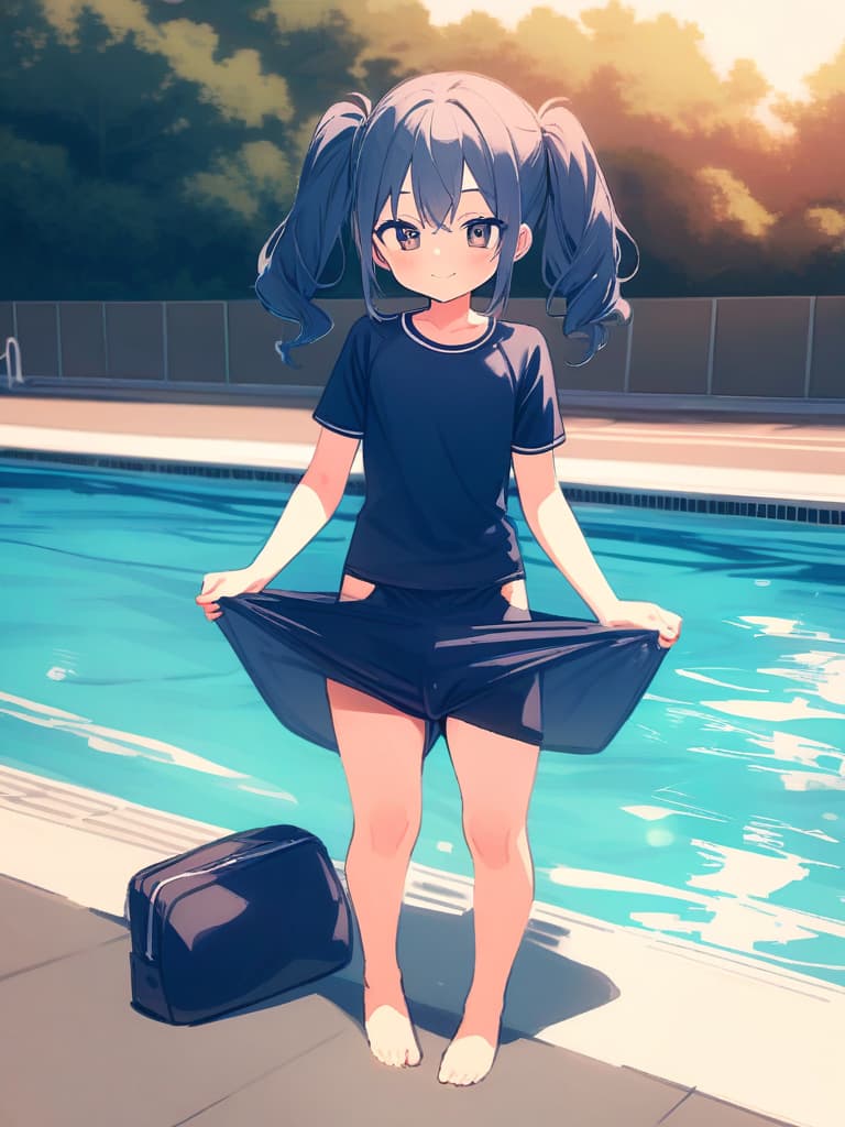  junior s, twin tails, cute smiles, dark blue hits, dark blue swimwear, dark blue swimwear, clear (double ual equipment, shaped clear, bulge, male bulging), front legs, whole body, pool, pool,