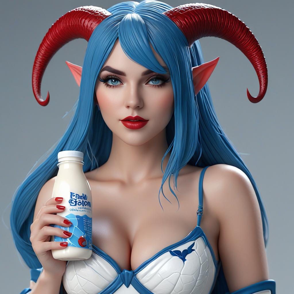  professional 3d model red skinned succubus busty blue hair covered in milk. octane render, highly detailed, volumetric, dramatic lighting