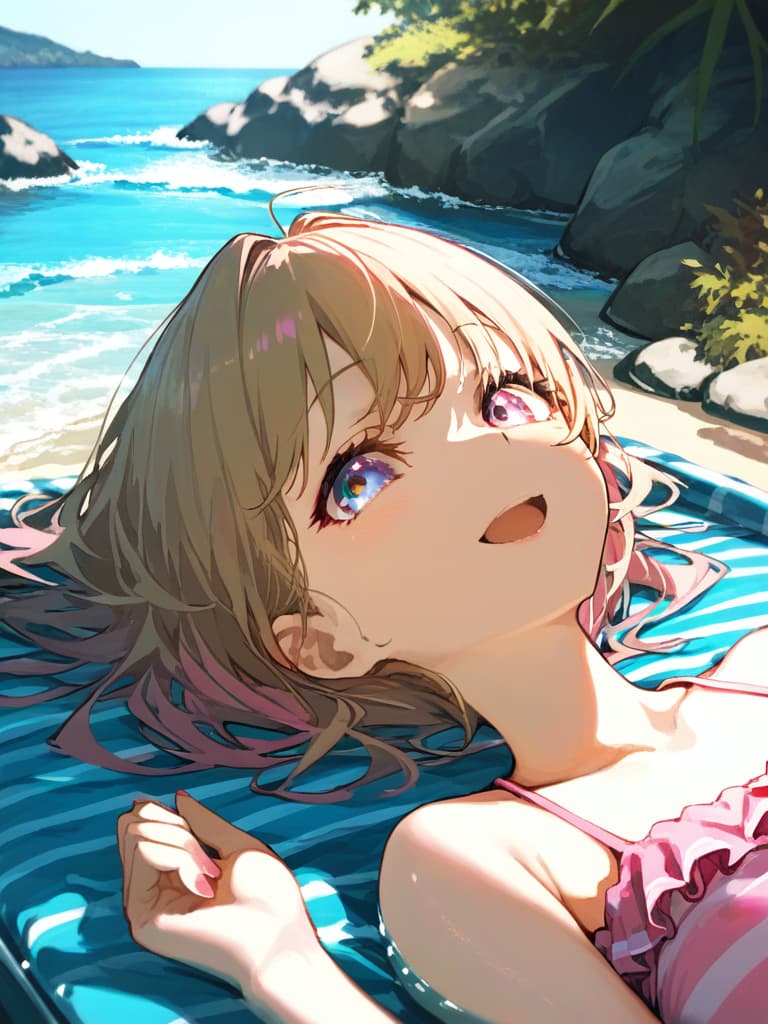  ultra detailed:1.2,masterpiece:1.2,best quality,masterpiece,bestquality,hdr:1.1,8k:1.1,very cute girl:1.3,(pink color,frill ,swimwear:1.6),(lying,at striped float bed on sea:1.8) ,smile:1.4 ,(blonde hair,twin tail,drill hair:1.3) ,(on the sea:1.7),upper body:1.3,dutch angel:1.5,open mouth,(upside down:1.4)((eyes highlight:1.1))