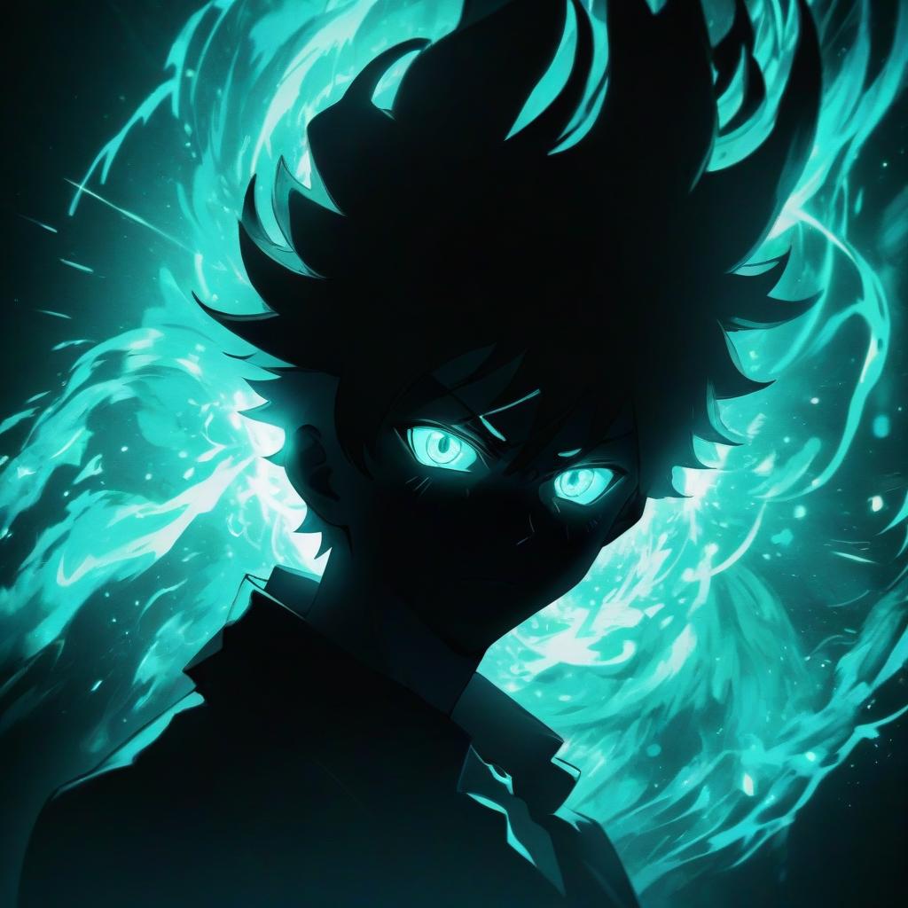  anime artwork a silhouette of a man with glowing eyes, surrounded by a vibrant teal energy aura, dark anime style . anime style, key visual, vibrant, studio anime, highly detailed