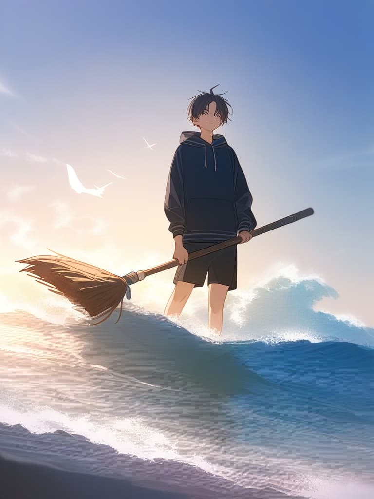  one boy, ((fly in the sky with a broom))), ((standing on the broom))), (((((), surf with a broom)))