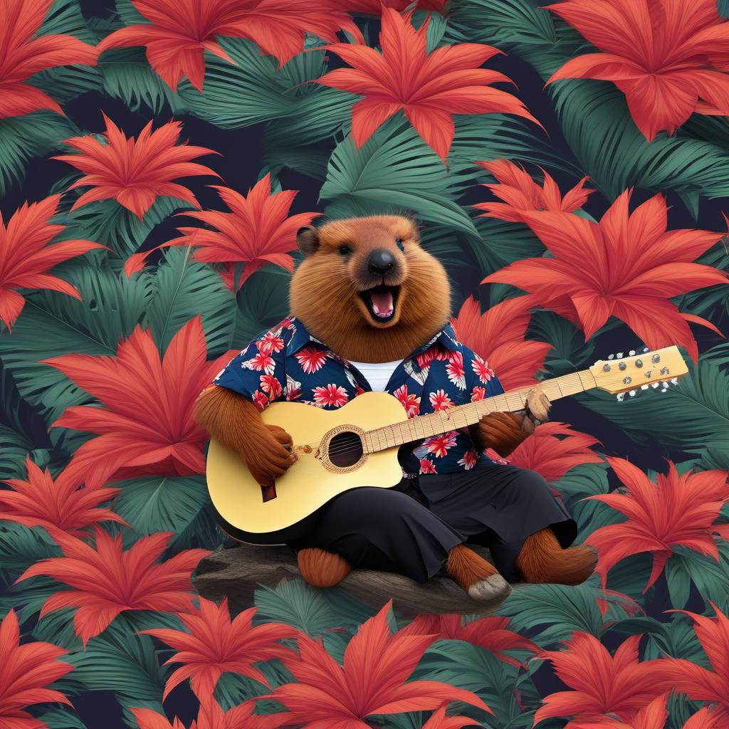  fat beaver in hawaiian shirt playing a guitar , mystical style