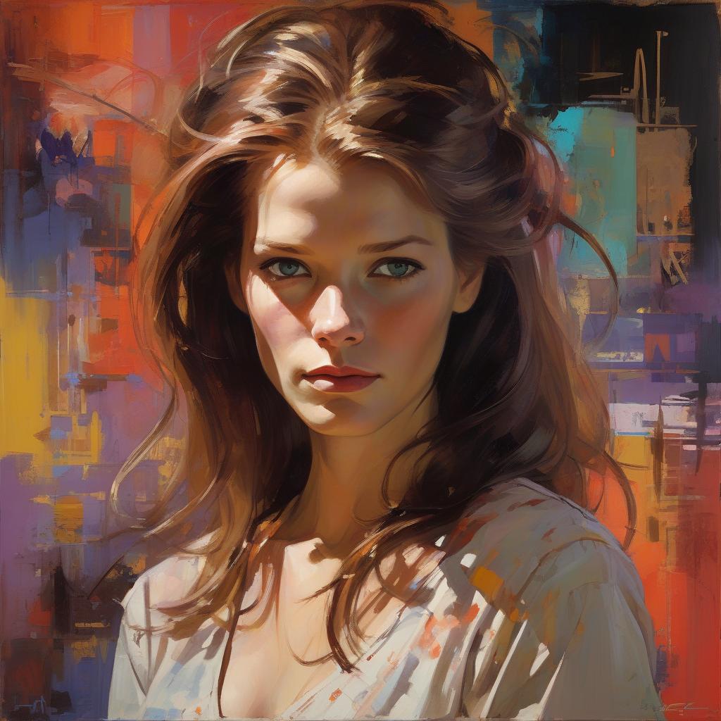  portrait captures young kathryn janeway at 20, long hair flowing, hybrid style merging the meticulous finesse of carne griffith and michael garmash with ivan shishkin's intricate realism, oriental color palette with deep, saturated hues, neon ambient lighting contrasts abstract black oil textures, mecha aesthetic intertwined with detailed acrylic brushwork, grunge elements adding raw atmosphere,