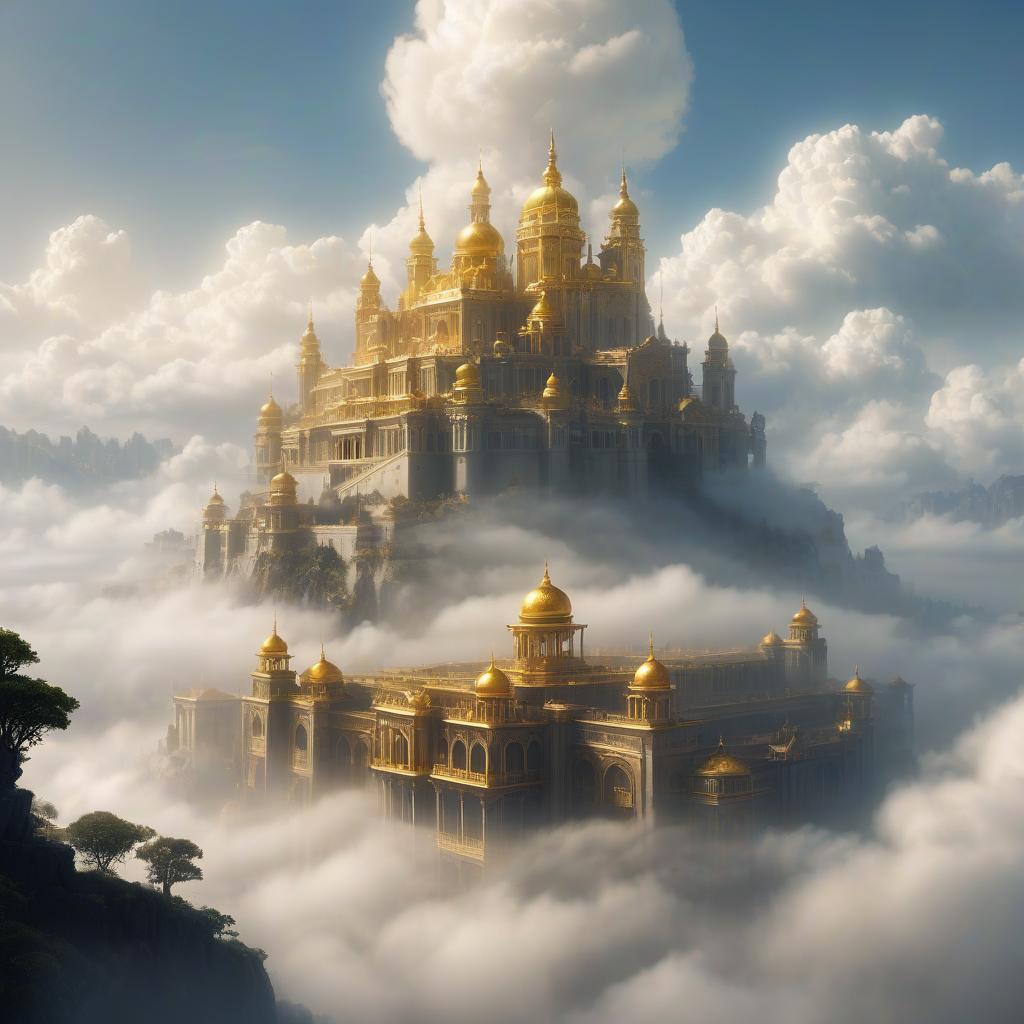  fog city. golden city. a large palace surrounded by clouds.