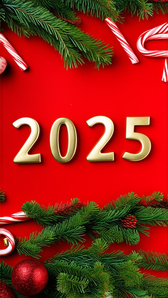  professional detailed photography, the inscription 2025 in gold in large font on a red background with fir branches, christmas tree decorations and candy canes around the edges ar 9:16, (muted colors, dim colors, soothing tones), (vsco:0.3)