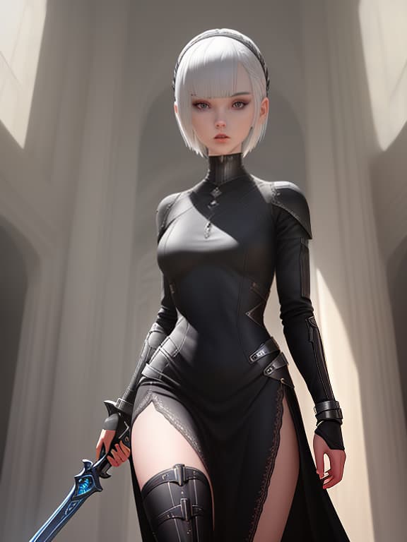  a young female android with a slender build and pale skin. she has short, asymmetrically cut silver hair with long bangs covering her eyes. she wears a black, form fitting dress with long sleeves ending in lace cuffs. on her head, she has a blindfold that covers her eyes, giving her a mysterious appearance. she wears high black boots that reach up to her knees. in her hands, she holds a large two handed sword. the look is completed with metallic accessories on her wrists and neck. heroes of geame "unreal", cinematic, hyperrealism, rtx, rendering, in full growth