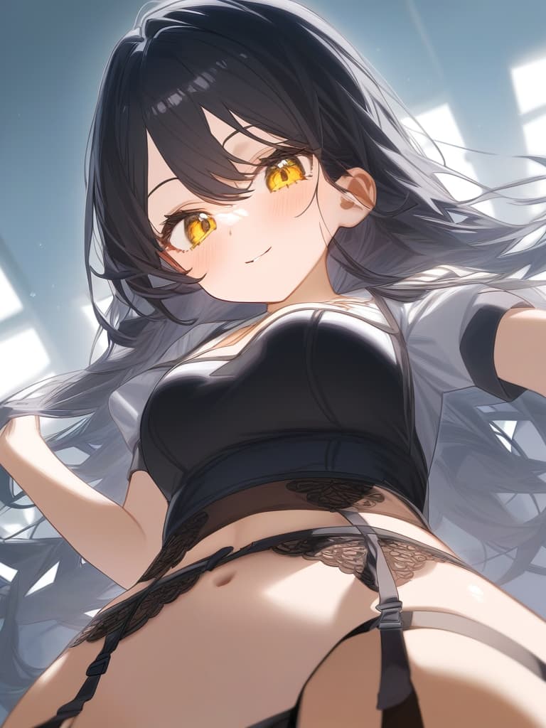  cute face focus,cute,young,long hair,black hair,yellow eyes,garter belt,