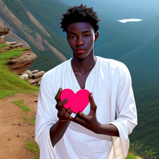  Fair skin Ghanaian boy holding a heart in his hands on a mountain