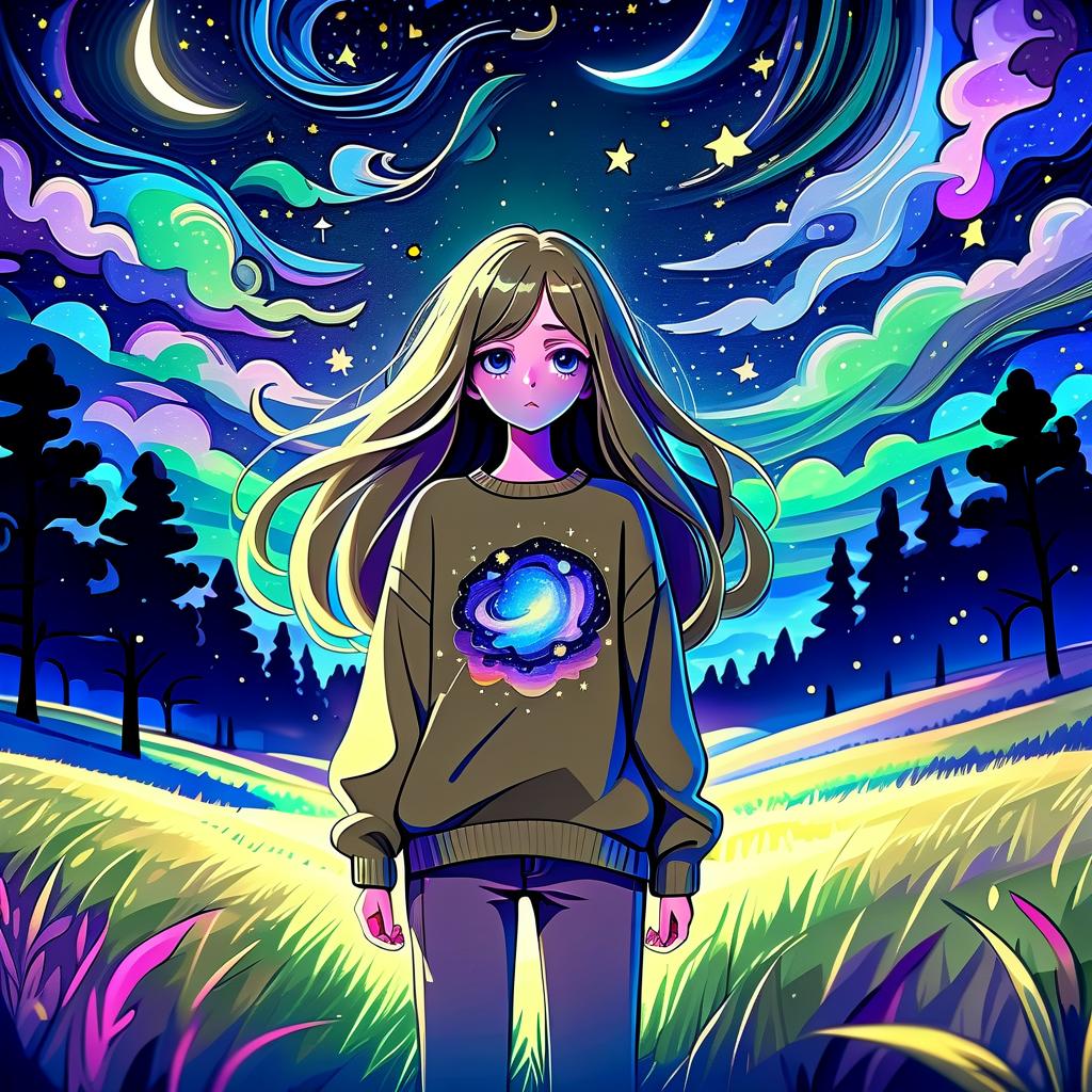  psychedelic style a girl in anime style with long hair stands in the middle of the field dressed in a khaki sweater and pants. the girl looks at the starry sky at night in hope, fear of the unknown and curiosity and pulls her hand to the night sky. . vibrant colors, swirling patterns, abstract forms, surreal, trippy