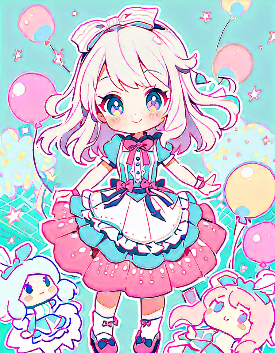  alice, posing with a smile, cute and innocent, break alice's adventure in wonderland, a flower patterned background, balloons, pastel colored, break whimsical and charming, chibi style, lovely atmosphere,