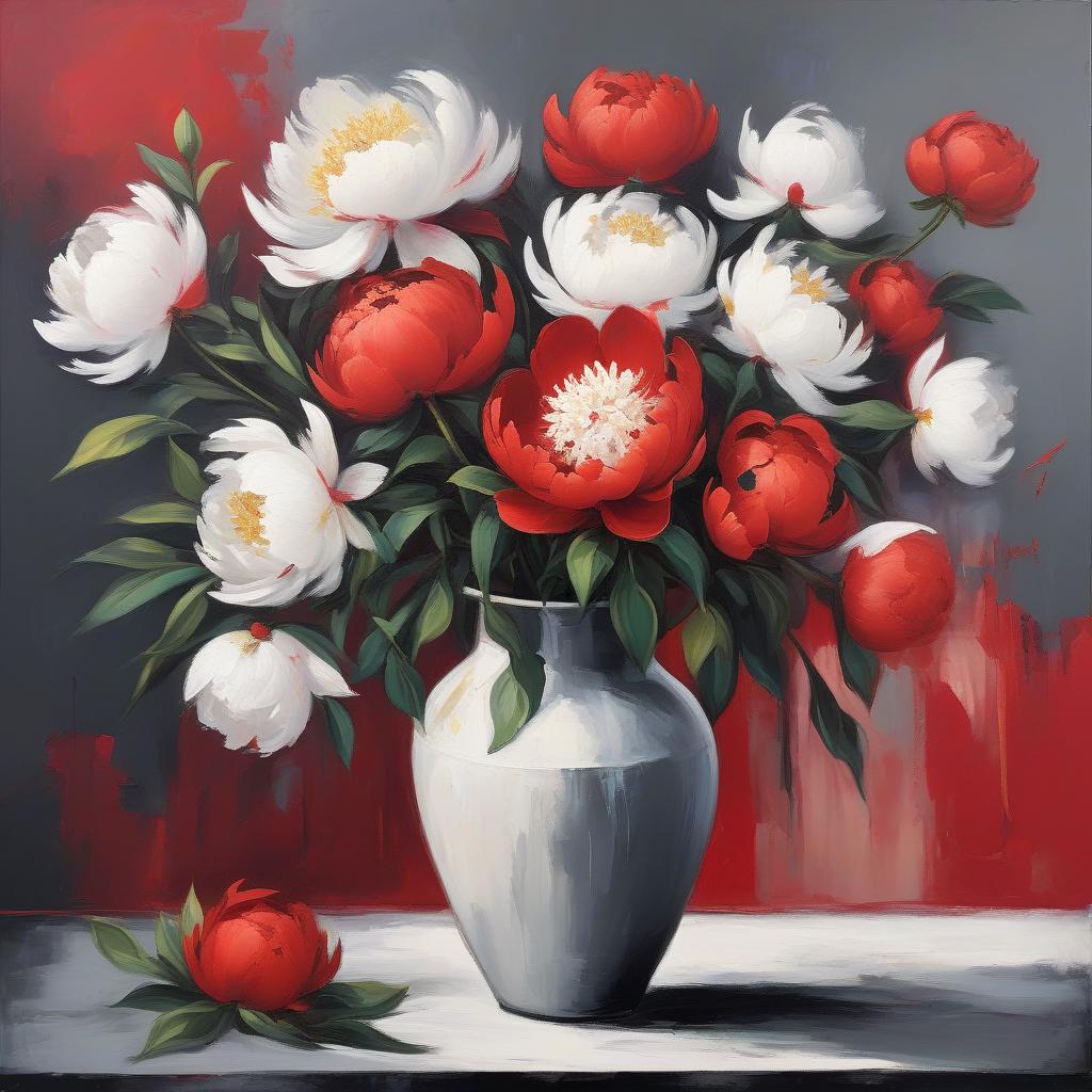  abstract expressionist painting red and white, by c f. white peonies and red peonies in a vase on the table, dark grey wall. still life, oil on canvas. . energetic brushwork, bold colors, abstract forms, expressive, emotional