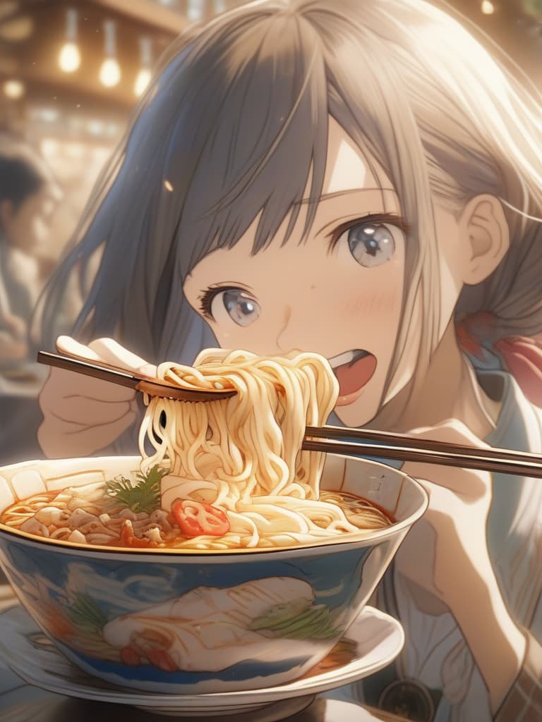  girl eating ramen, masterpiece, best quality,8k,ultra detailed,high resolution,an extremely delicate and beautiful,hyper detail