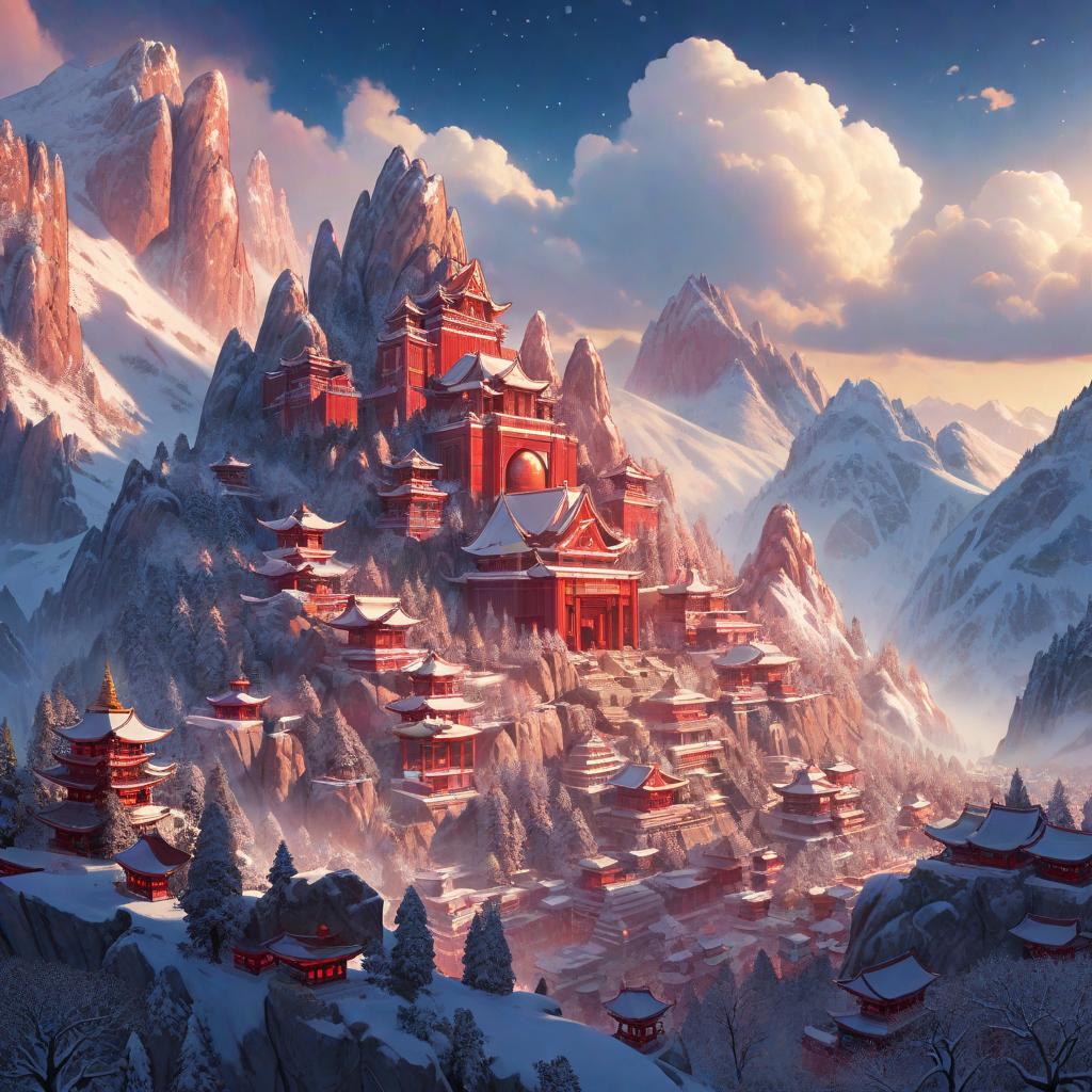  manga artwork tibey style city built in the mountains, which are red and covered with snow. the skies are clear with a sun setting in the afternoon. there are trees and pines covered in snow, and the great red temple hast a big rock platform in the front. . manga artist. manga, highly emotional. best quality, high resolution