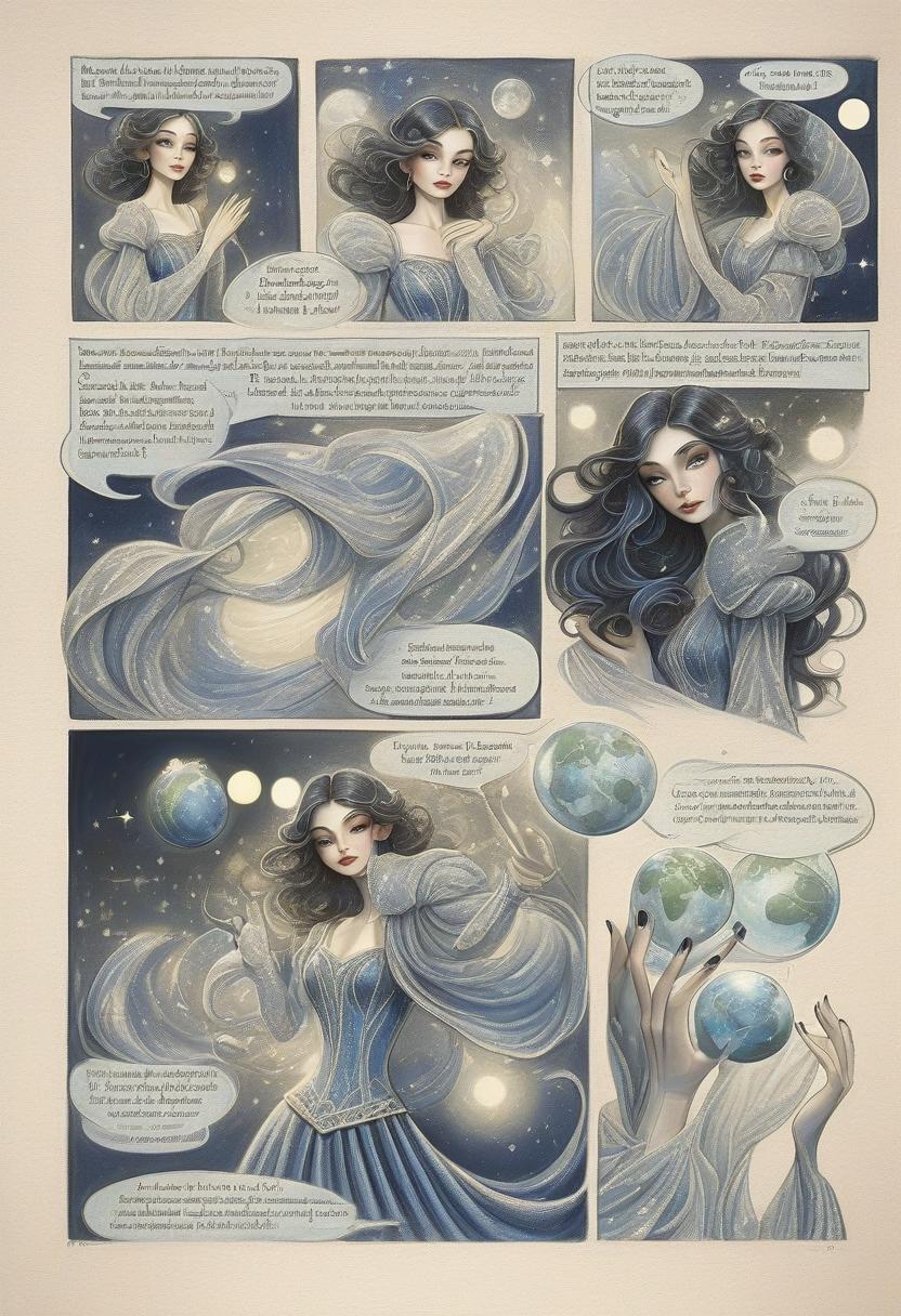  fairy tale enchantress in dark blue shimmering evening dress with airy long sleeves holding a small planet. her dark wavy hair is loose. photorealism. looking directly into the camera. . magical, fantastical, enchanting, storybook style, highly detailed, hkmagic, perfect hands