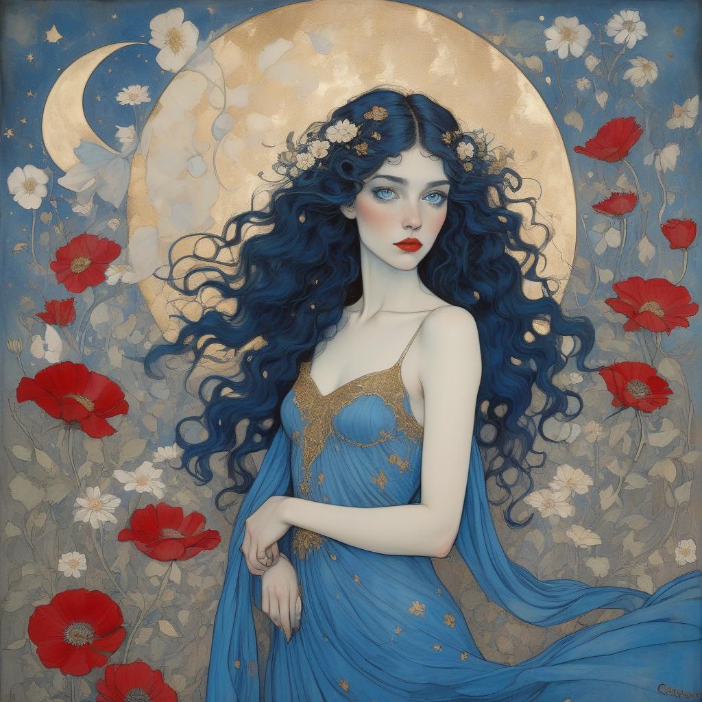  grunge style a painting of a woman with flowing curly hair, bright blue eyes, and red lips, wearing a blue dress with gold accents, surrounded by white flowers. painting by arthur rackham and egon schiele depicting a fair skinned goddess, striking blue eyes, long wavy black hair, blue and white anemones, deep blue morning glories, crimson poppies, cream and peach toned roses, filigree, ornamental metallic gold details, hidden ears, no visible jewelry, delicate freckles, subtle golden highlights, soft pink lips, ethereal beauty, golden embellishments, cosmic motifs, crescent moon, stars, art nouveau style, iridescent hummingbirds, silken garment, blue and muted gold hues, luxurious, dreamy atmosphere. . textured, distressed, vintage, edgy, 