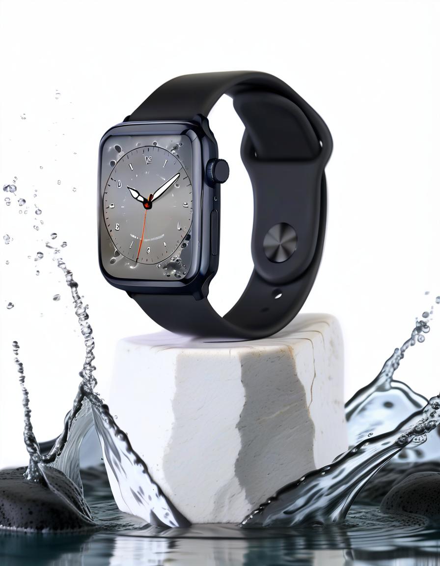  smart watch on white stone, around splash of water, white background, reflection of the clock in water, film photography style