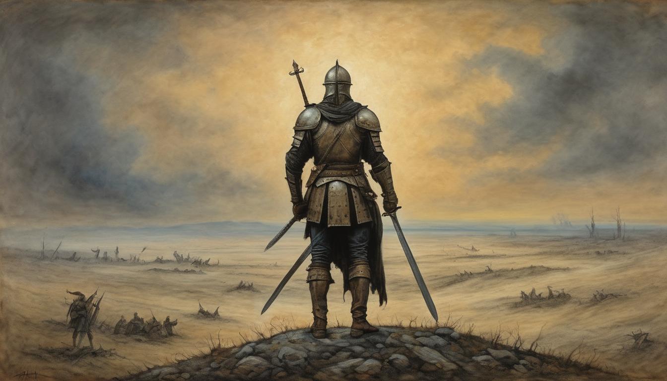  on parchment, surrealism++, a lone warrior standing on a battlefield, battle worn but unyielding, armor dented, sword planted in the ground, aura of strength, twilight sky(mysterious, provocative, symbolic)++