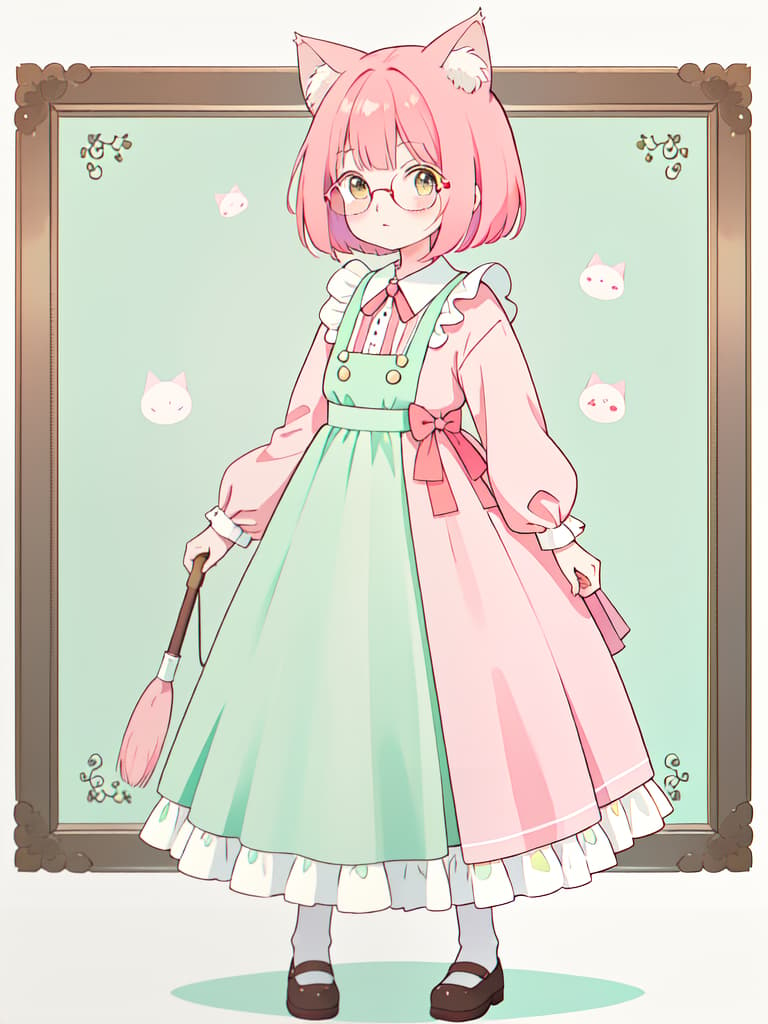  cat ears, brown eyes, standing picture, round glasses, no background, whole body, mint green maid clothes, red pink hair bob, masterpiece, best quality,8k,ultra detailed,high resolution,an extremely delicate and beautiful,hyper detail