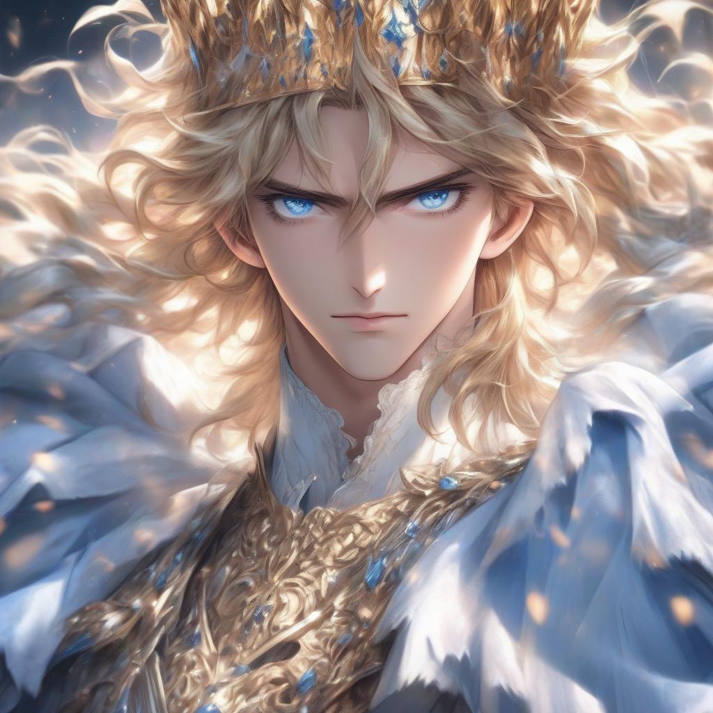  anime artwork young aristocrat with long blonde hair, silver crown on his head, clear blue eyes, pale skin, beauty aesthetics, majestic look . anime style, key visual, vibrant, studio anime, highly detailed