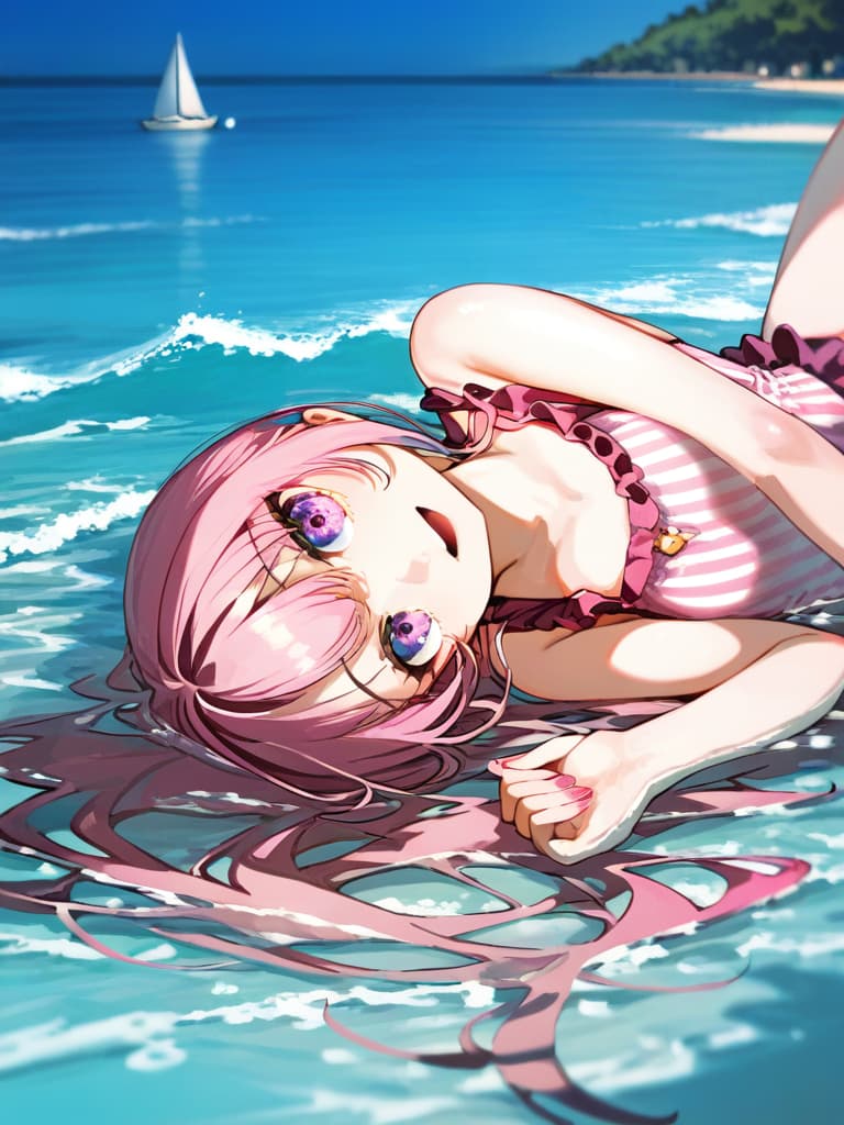  ultra detailed:1.2,masterpiece:1.2,best quality,masterpiece,bestquality,hdr:1.1,8k:1.1,very cute girl:1.3,(pink color,frill ,swimwear:1.6),(lying on side,at striped float bed on sea:1.8) ,smile:1.4 ,(blonde hair,twin tail,drill hair:1.3) ,(on the sea:1.7),upper body:1.3,dutch angel:1.5,open mouth,(upside down:1.7)(from above:1.1)((eyes highlight:1.1))