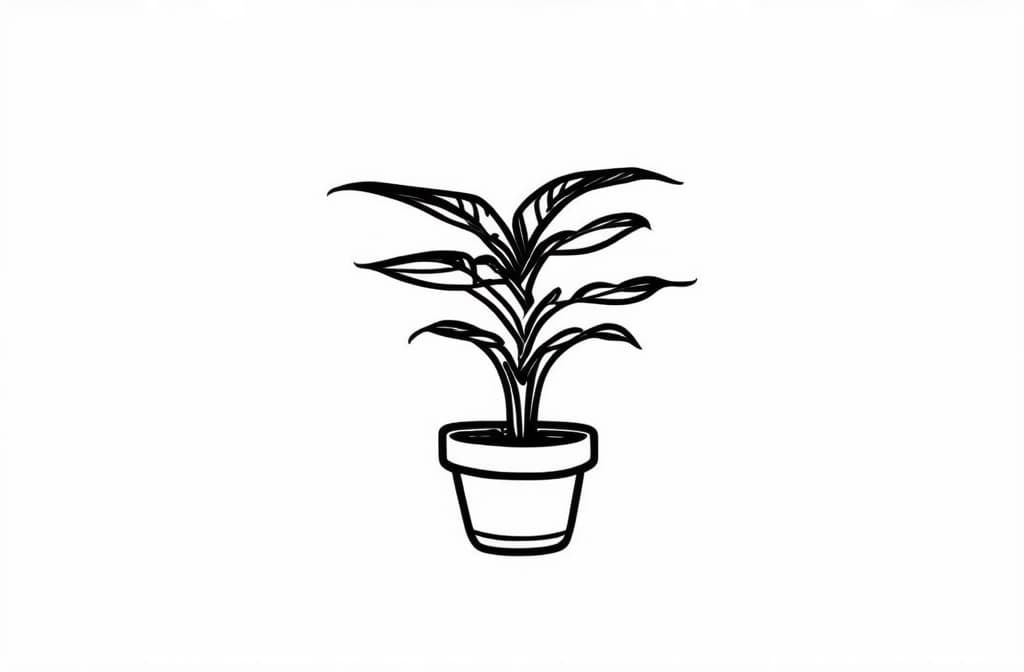  contour, very simple image in one unbroken black ink line, single line of houseplant in pot, engraving illustration, icon isolated on white background ar 3:2 using a single continuous black line ink brushon white background, drawing should be created without lifting the pen, recognizable features of houseplant in pot, engraving illustration, icon isolated on white background ar 3:2 in one unbroken line