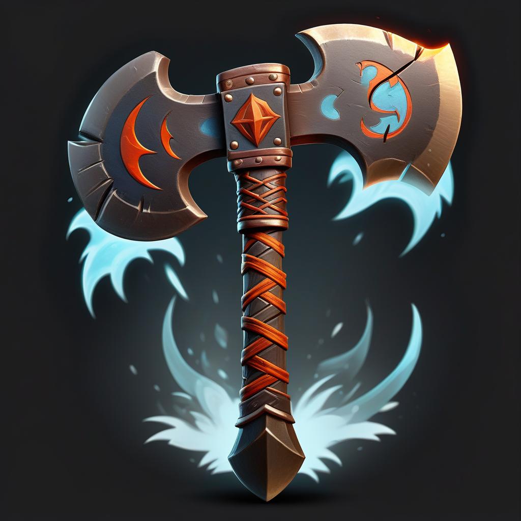  ethereal fantasy concept art of asymmetrical barbarian big battle axe, tribal accessories, rpg class minimal badge logo, front view, fire and ice, black background . magnificent, celestial, ethereal, painterly, epic, majestic, magical, fantasy art, cover art, dreamy, sticker