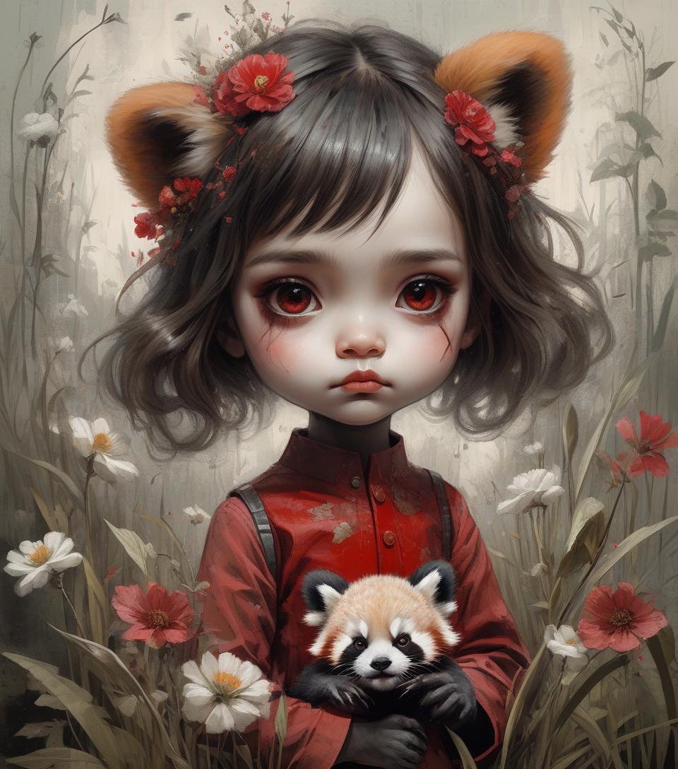  collage, mixed media, very realistic, 2 exposures, a combination of the styles of mark ryden and jean baptiste monge combined with the bold expression of russ mills, by tolira, canvas, impasto, acrylic, portrait (1) cute girl holding her red panda, with very detailed eyes, there are elements cut out of velvet cardboard: flowers, meadow grass, cotton clouds, ash, sunbeam, sea surf, 32k, ultra high detail, artstation, by to🐞lira