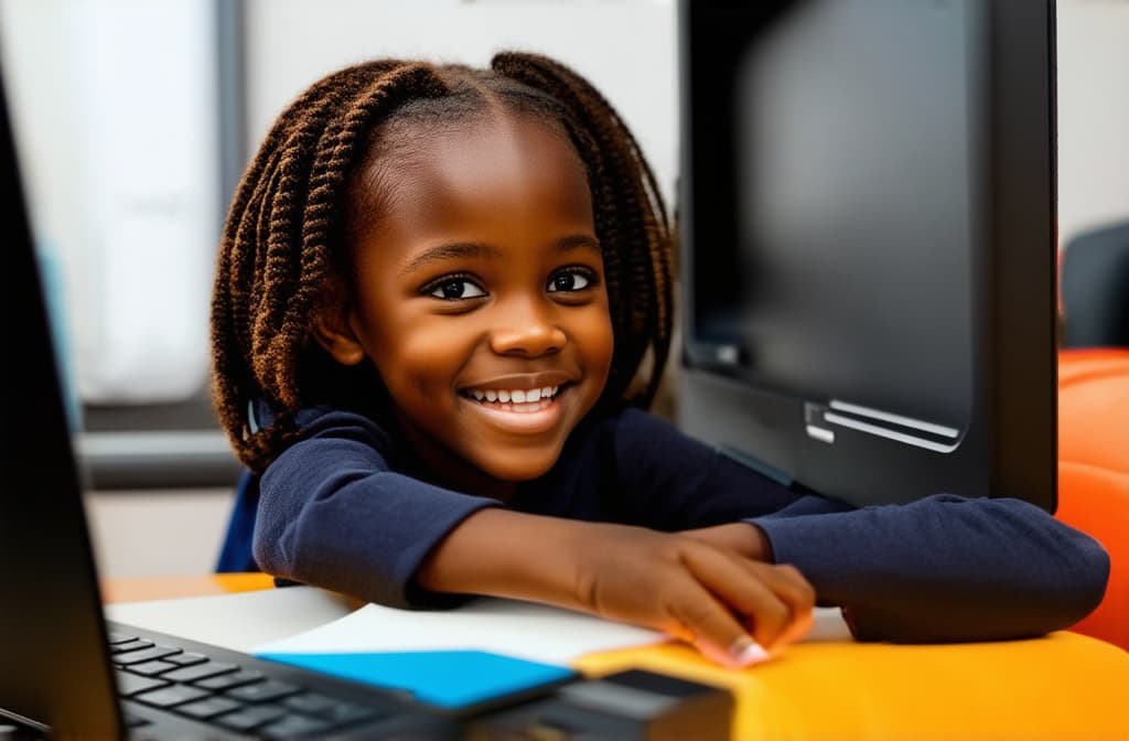  little african girl sitting at computer, looking at screen, smiling, bright modern interior ar 3:2 {prompt}, maximum details