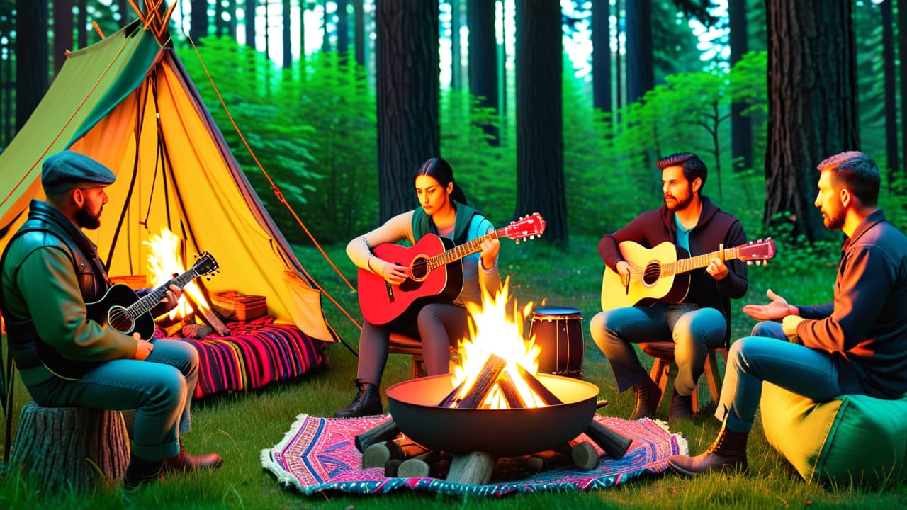  a cozy, rustic scene featuring a group of diverse musicians playing acoustic instruments around a crackling campfire, surrounded by lush green woods, with colorful blankets and handmade crafts scattered nearby. hyperrealistic, full body, detailed clothing, highly detailed, cinematic lighting, stunningly beautiful, intricate, sharp focus, f/1. 8, 85mm, (centered image composition), (professionally color graded), ((bright soft diffused light)), volumetric fog, trending on instagram, trending on tumblr, HDR 4K, 8K