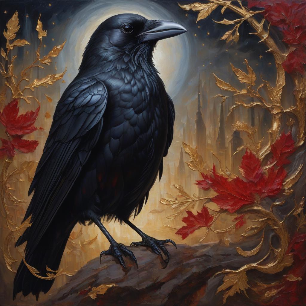  blackbird singing in the dead of night: a gothic, majestic black raven clutching a sword, radiating a red aura of mystery and intelligence. surrounded in gold leaf, the bird's sleek feathers glisten in the moonlight, giving off a sense of otherworldly elegance. this captivating scene is depicted in a beautifully detailed oil painting, capturing every nuance of the creature's striking presence.